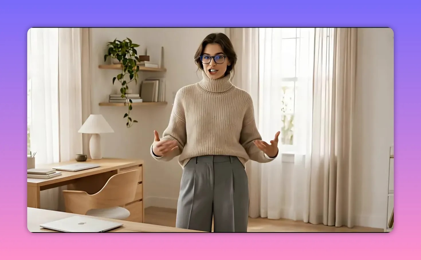 Homeoffice-Outfit mit beigem Strickpullover, sichtbarem Hemdkragen und weiter Stoffhose