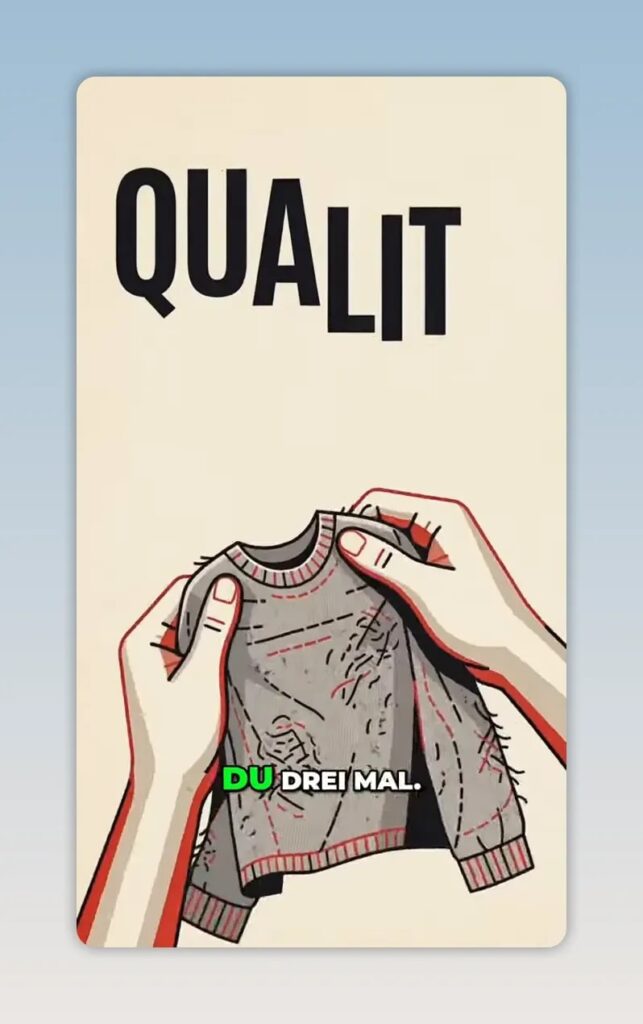 Zwei Hände halten einen abgetragenen grauen Pullover unter dem Wort Quality