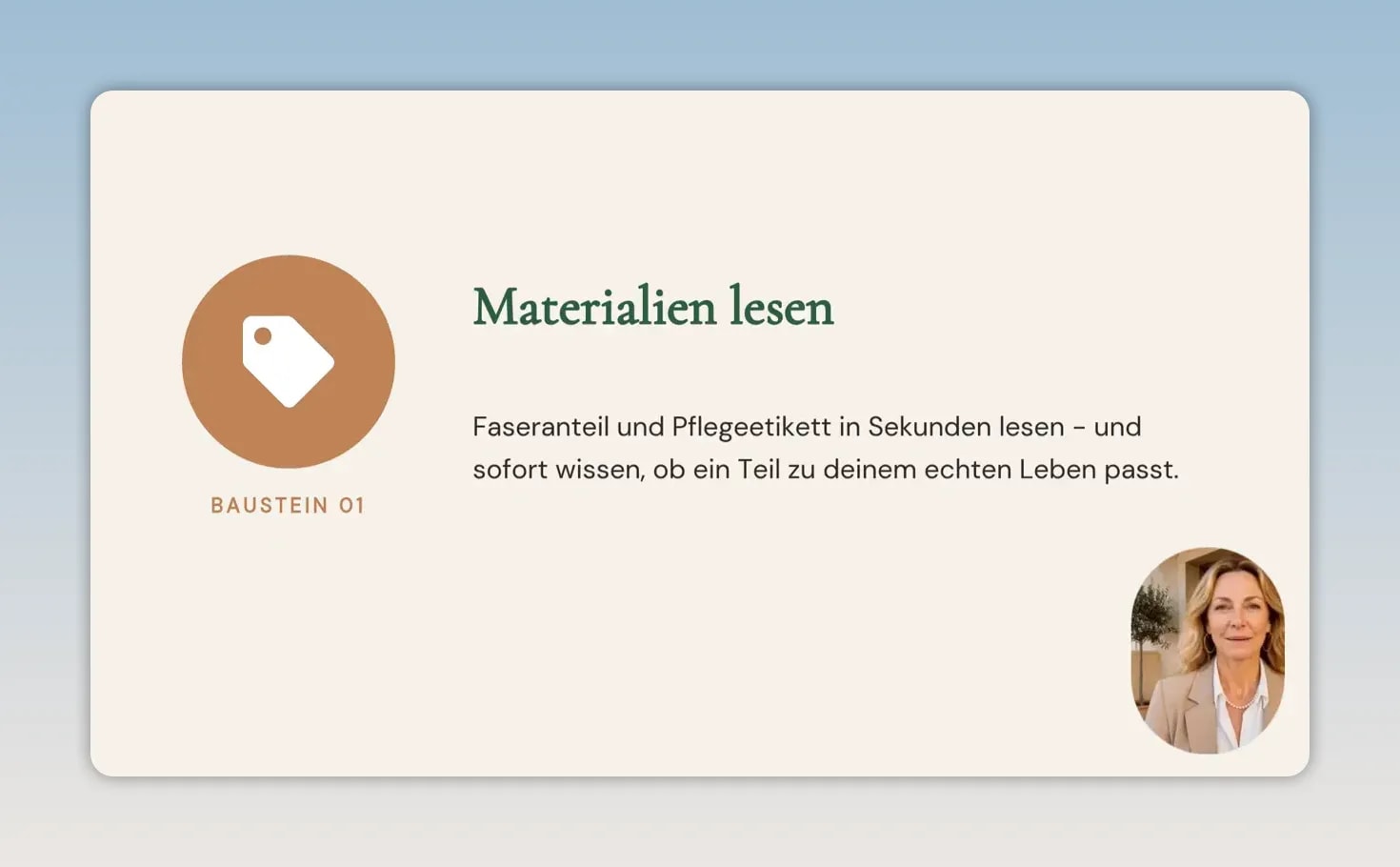 Folie mit dem Titel Materialien lesen und kurzer Erklärung zu Faseranteil und Pflegeetikett