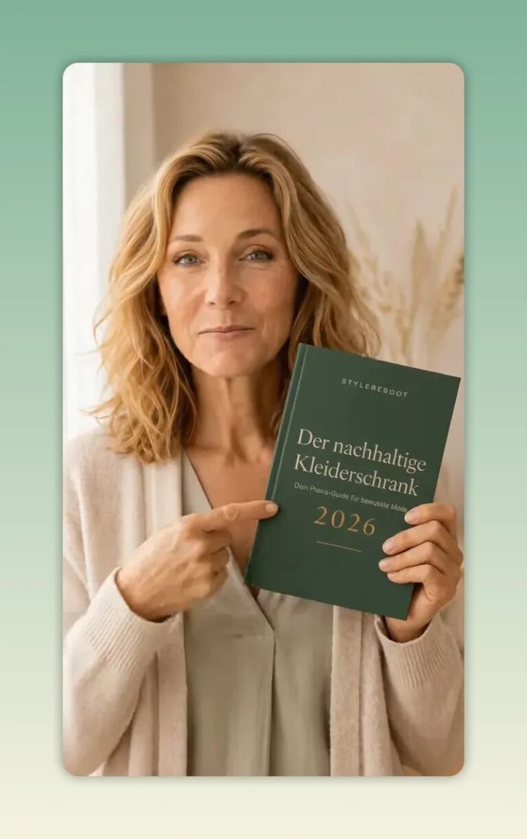 Person hält ein grünes Heft mit dem Titel Der nachhaltige Kleiderschrank 2026, darunter eingeblendeter Text zu 5 Bausteinen, 30-Tage-Plan und Workbook
