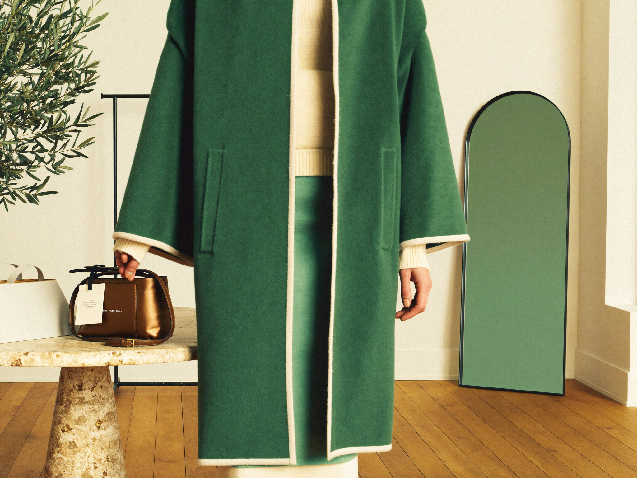 Knielanges Cape mit offener Front über schmalem Strick, sichtbare Handgelenke, gesichtslos, Forest und Cream